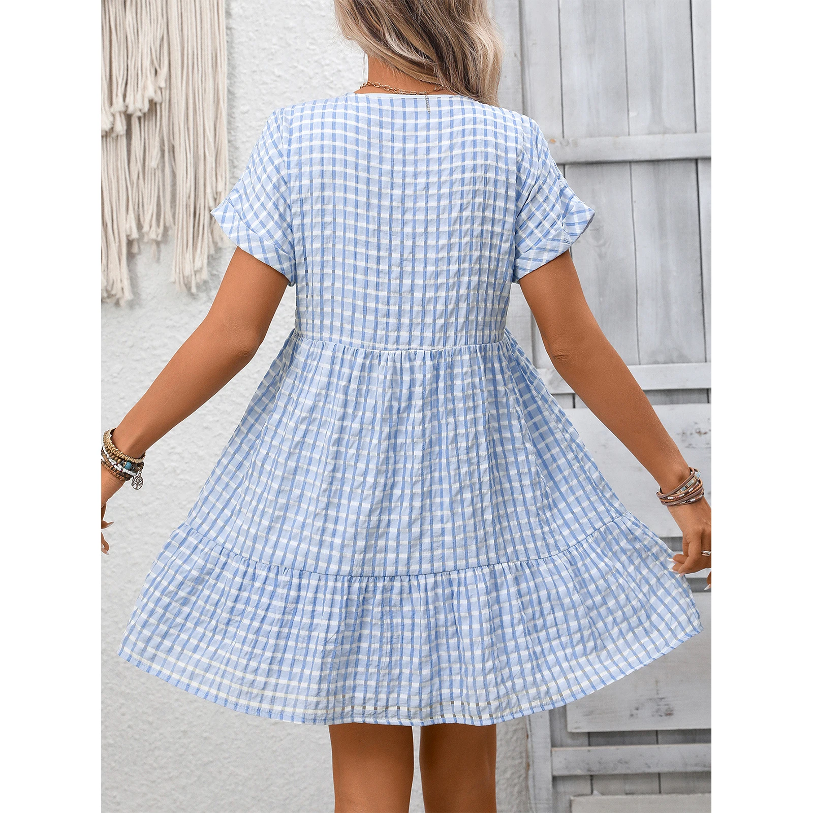 فساتين ربيع الخريف للنساء متقلب الخامس الرقبة قصيرة الأكمام تكدرت عطلة فستان فضفاض فستان صيفي Vestidos Para Mujer