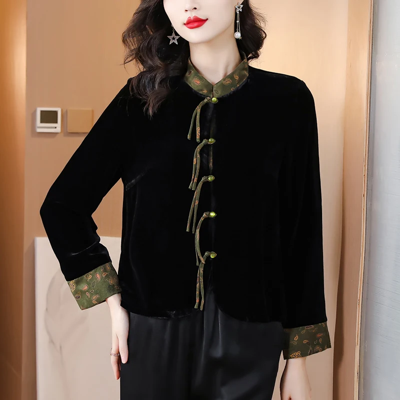 2023 Autumn and Winter New Silk Velvet Long sleeved Top Women\'s Chinese Style Retro Pan Button Standing Collar Tang Suit Jacket