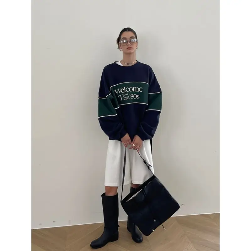 Deeptown Vintage Sweatshirts Women American 90s Retro Preppy Style Pullovers Oversized Aesthetic Casual Female Korean Streetwear