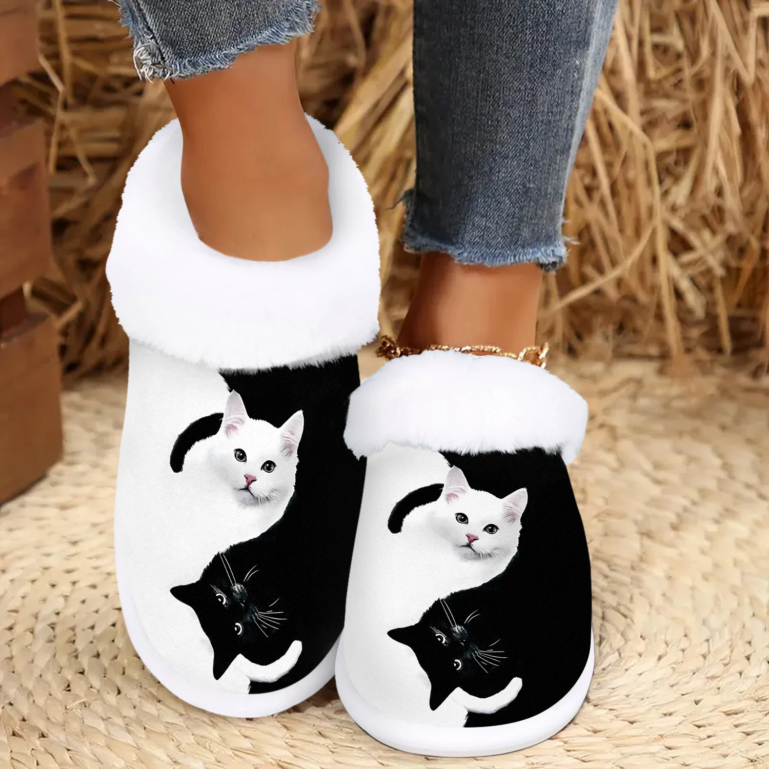 Acogedores zapatos para amantes de los gatos: tela de felpa suave con suela de goma antideslizante, zapatos de casa de tacón plano con punta redonda para uso interior/exterior