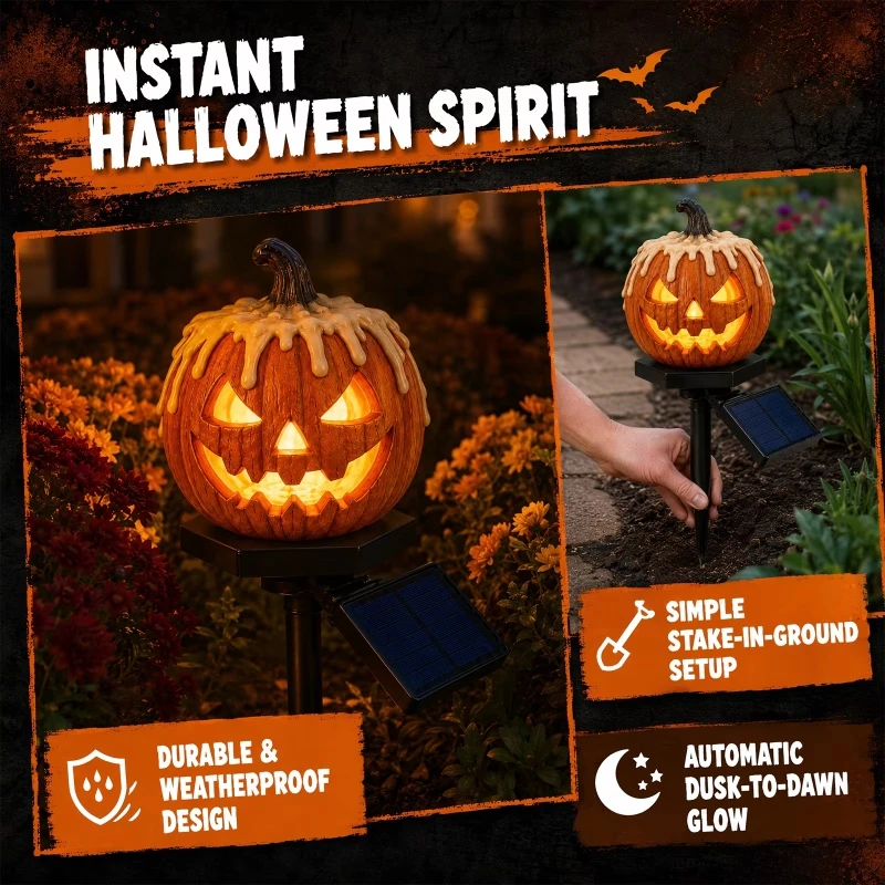 Outdoor Lighting Yard Stakes - Solarbetriebene Halloween-Kürbis-Gartenleuchte aus Harz, wasserdicht, LED-Hofdekoration,