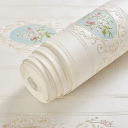 Papel de pared Floral blanco 3D, rollos de papel tapiz flocado no tejido de moda moderna para dormitorio, pared de habitación de niños, pegatina de pared de flores