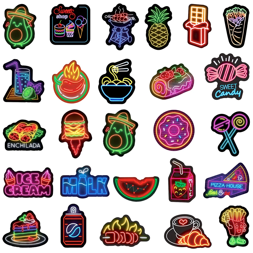 

10/30/50pcs Funny Neon Food Graffiti Stickers Cartoon Waterproof Sticker DIY Notebook Luggage Phone Creative Decal Kids Toy Gift