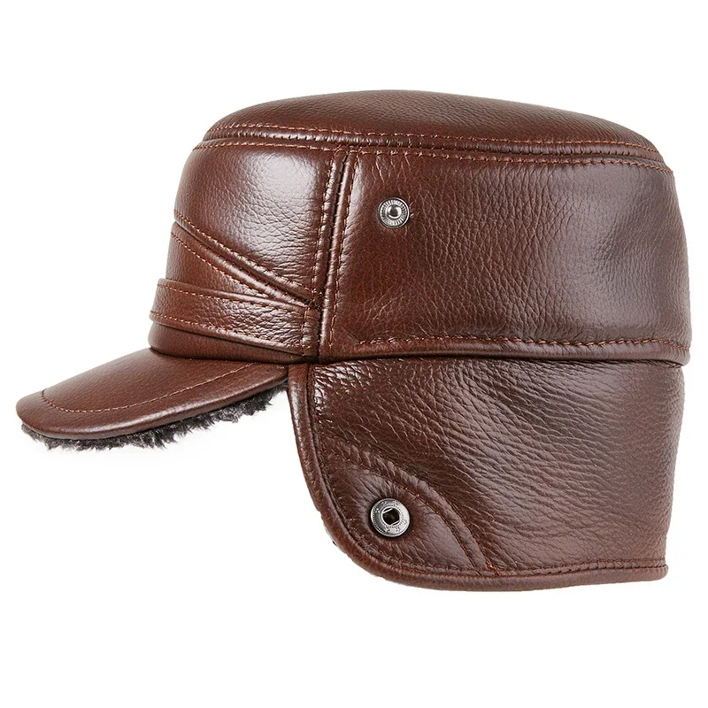 Winter Bomber Hat Men Russian Brown Leather Fashion Cap with Ear Flaps Fur Comfortable Warm Genuine Cow Leather Baseball Cap