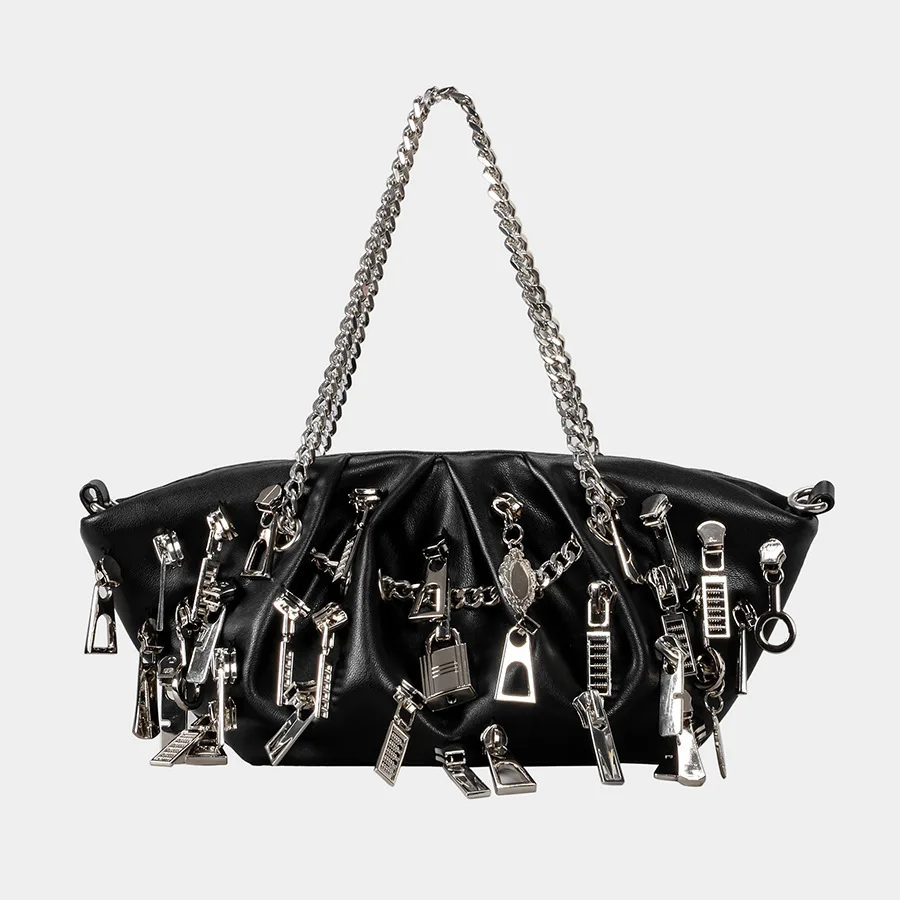 Punk Style Ruched Dumpling Armpit Bag 2025 Multi Zipper Head Decoration Women's Shoulder Bags Spicy Girl Y2K Handbags