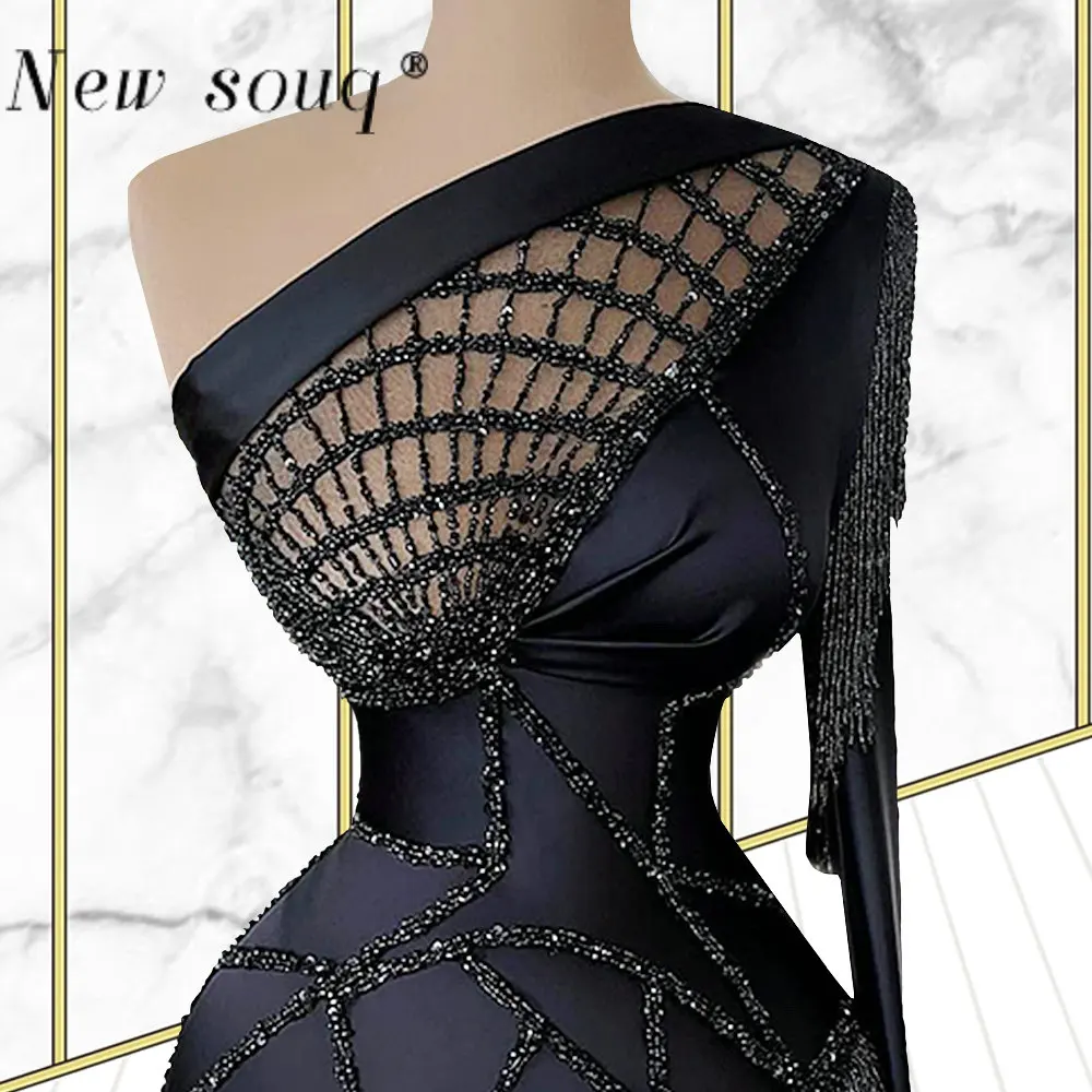 Preto um ombro assimétrico curto vestidos de baile para as mulheres 2022 beading borla única manga longa aniversário jantar festa vestidos