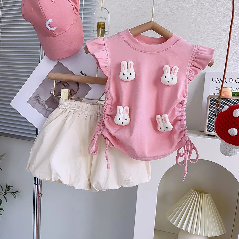 

Girls' Summer Outfit New Cute Bunny Short Sleeve Set for Baby GirlsTTwo-Piece Set: T-Shirt Top and Skirt Pants