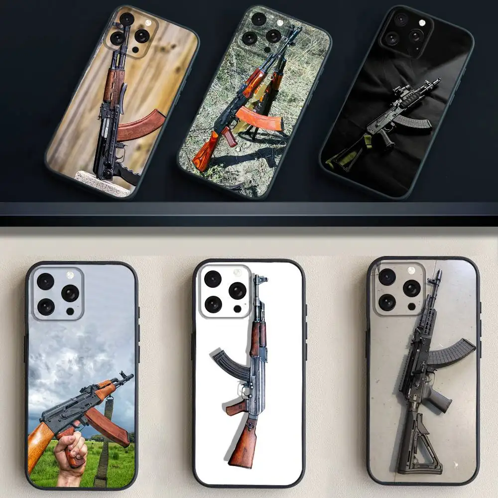 

A-AK47 Handgun Gun BUllets Phone Case For iPhone 17,16,15,14,13,12,11 Plus,Pro Max,XS,X,XR,SE,Mini,8,7,Soft Silicone Black Cover