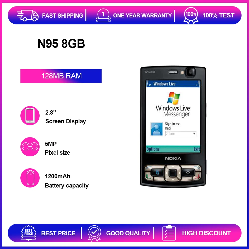 هاتف Nokia N95 8GB 5MP 8GB 128MB RAM مكبر الصوت لوحة المفاتيح العبرية الروسية العربية
