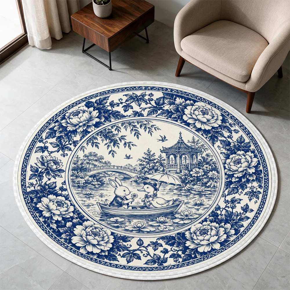 tapete-redondo-com-padrao-de-salgueiro-azul-e-branco-estilo-vintage-com-motivos-de-animais-e-cenario-de-casa-de-campo-ideal-para-decoracao-de-banheiro-e-cozinha