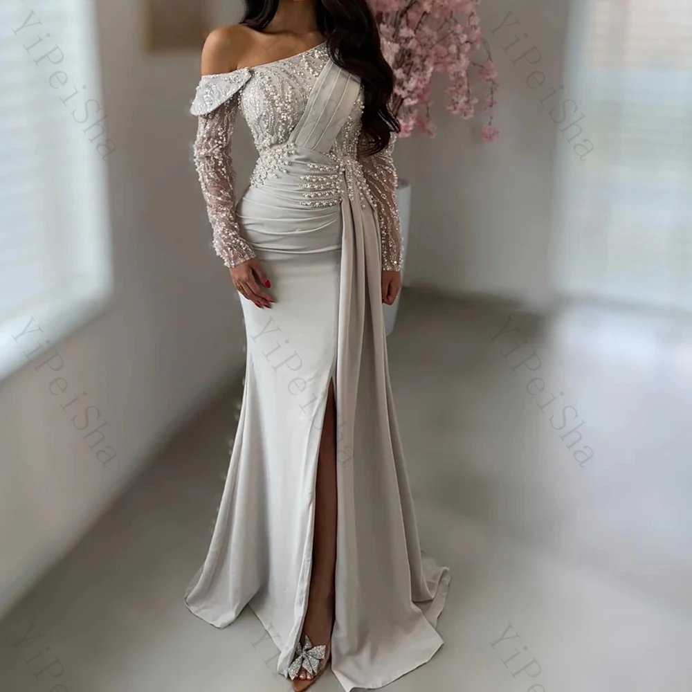

Customized a-line evening dresses floor-length one-shoulder full sleeve prom gown fashion beading sequined pleat party gown