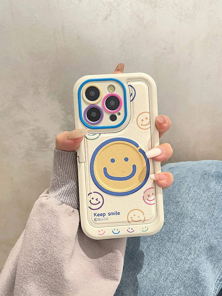 Cartoon Smile Leather Magnetic Wireless Charge Invisible Bracket Case For iPhone 11 12 13 14 15 Pro Max Plus For Magsafe Cover