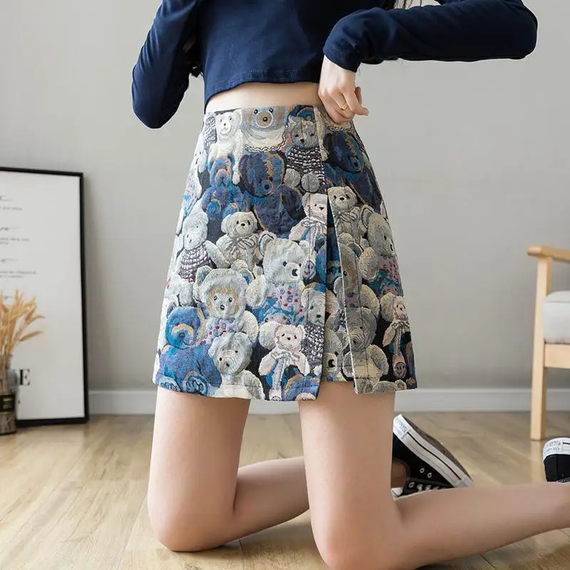 Bear Slit Skirt Women's A-line Skirt New High-waisted Small Person with Anti-exposure Buttocks