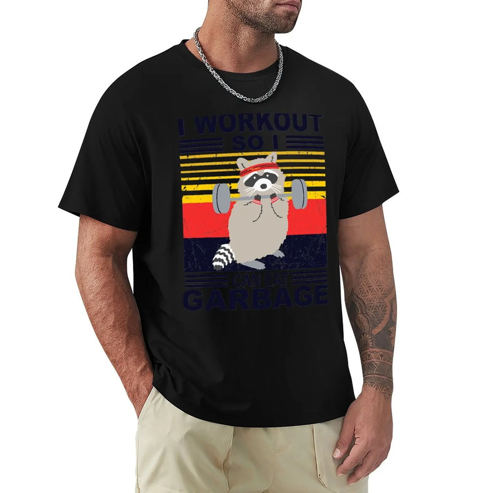 I workout So I Can Eat Garbage Funny Raccoon Vintage Gym T-Shirt Large Size Loose Casual Tee