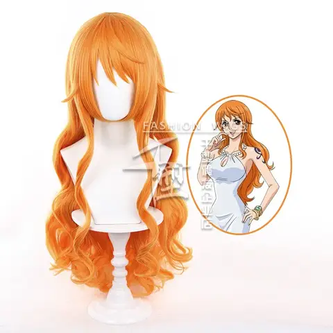 Anime 1 Piece Nami Cosplay Wig Long Orange Cruly Nami Wigs Heat Resistant Synthetic Hair Halloween + Cap