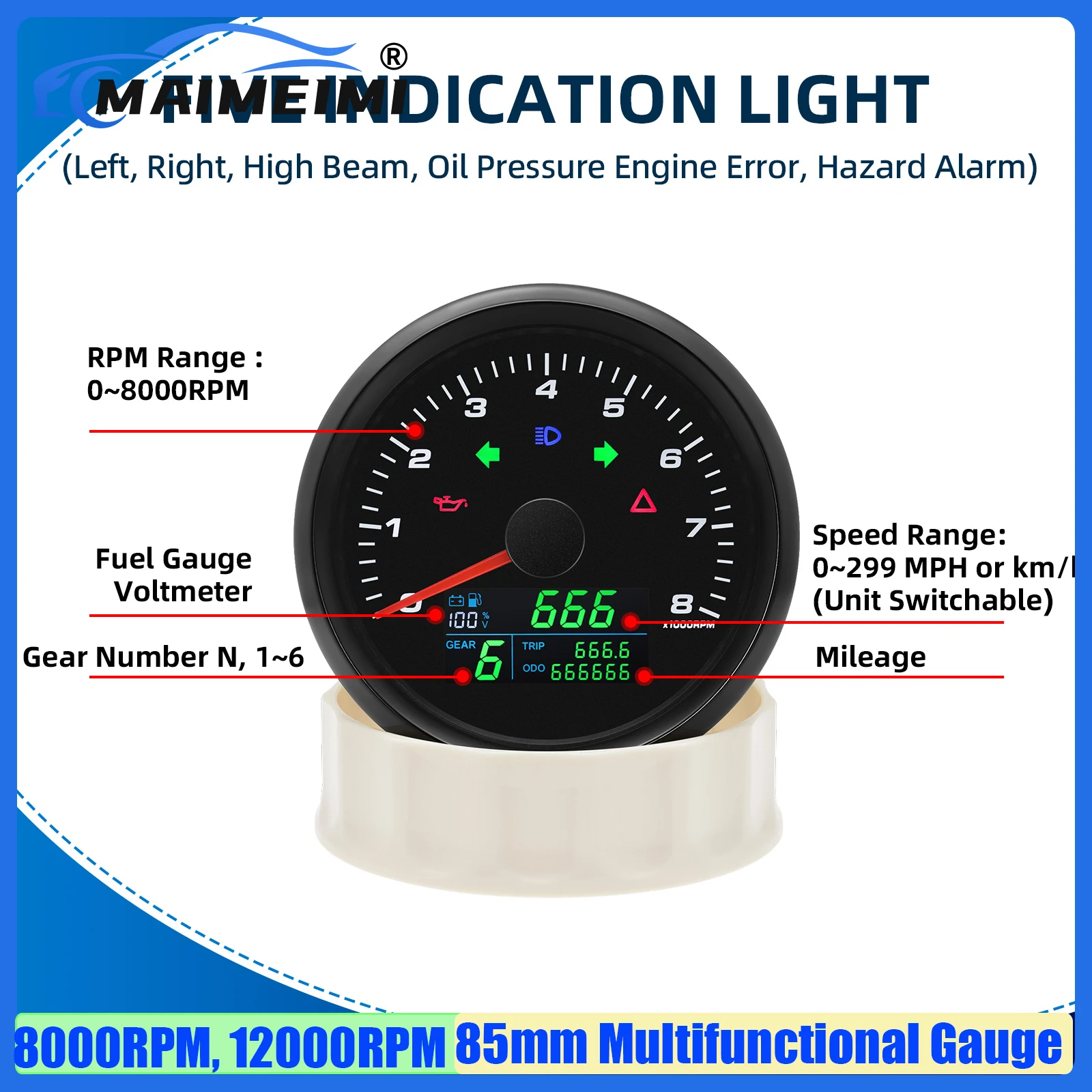 

MAIMEIMI 85mm Tachometer+GPS Speedometer Gauge+Fuel Level Meter with High Beam Turn Light Gear Mileage 0-8000RPM,0-12000RPM