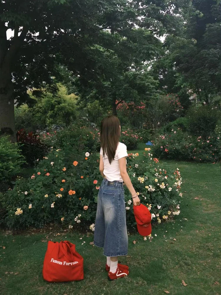 Calças Curtas de Denim Retro Americano de Cintura Alta, Corte Solto e Reto, Calças de Verão Finas de Perna Larga, Casual e Ch...