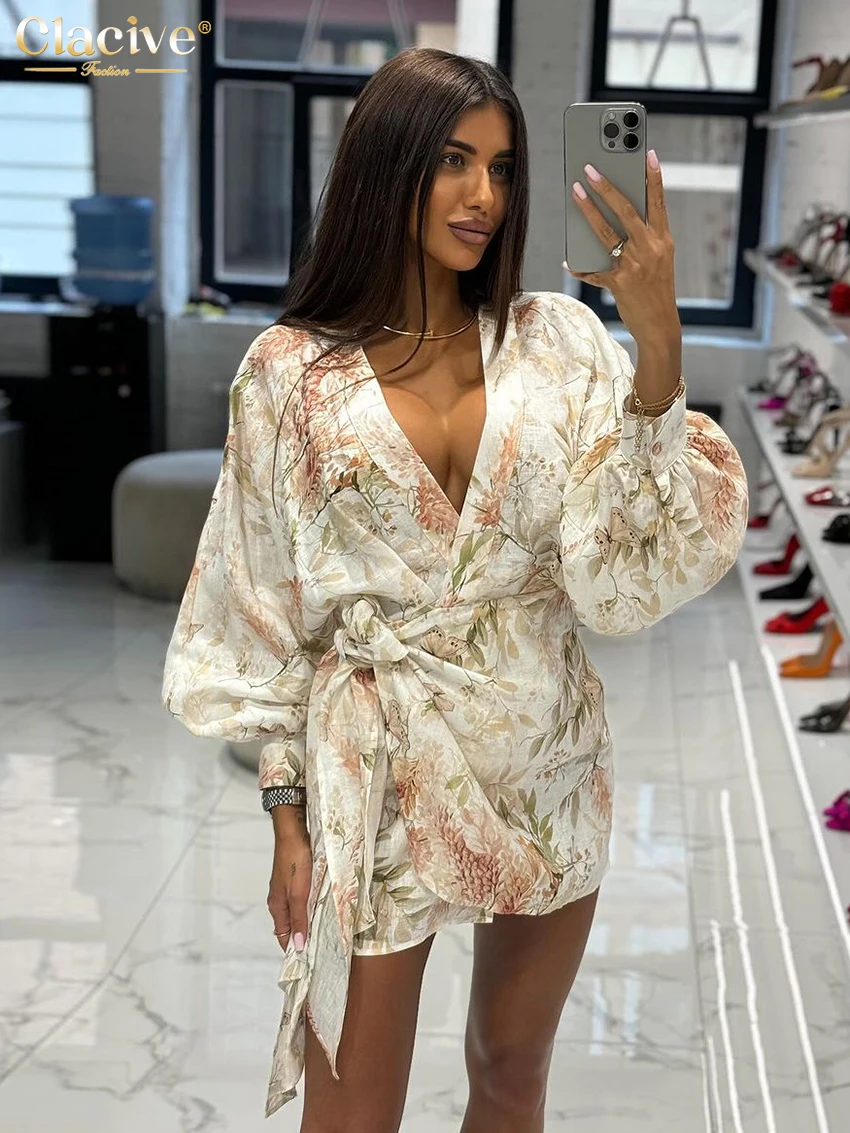 Clacive Sexy Loose Print Women\'s Dress 2024 Fashion V-Neck Puff Sleeve Mini Dresses Elegant Classic Lace-Up Dress Female Clothes