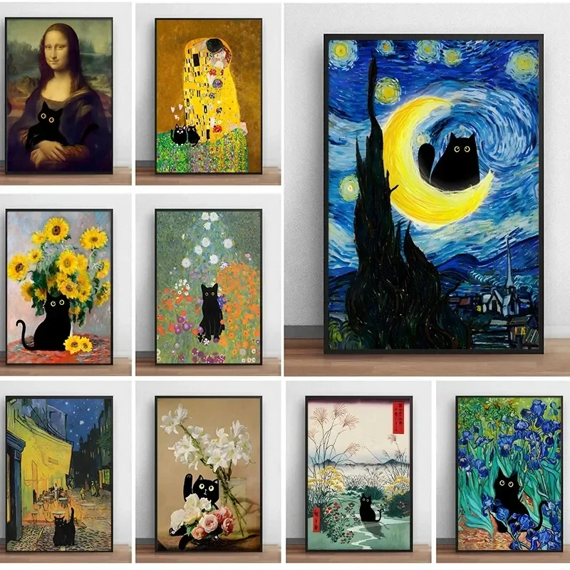 Berühmte Gemälde Mona Lisa Sternennacht mit Lustiger Schwarzer Katze Poster Leinwanddruck Sonnenblumen-Reproduktion Wandkunst Heimdekoration