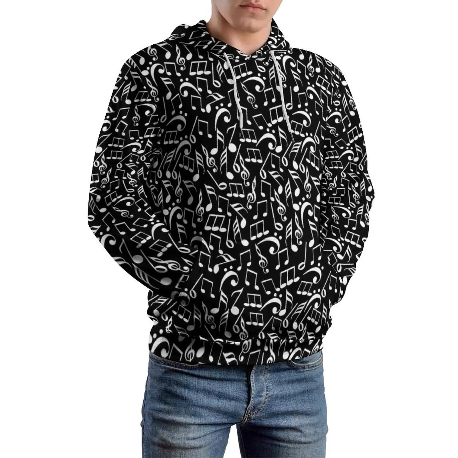 Music Notes Loose Hoodies Black and White Classic Hoodie Male Long-Sleeve Y2k Design Sweatshirts Big Size 4XL 5XL