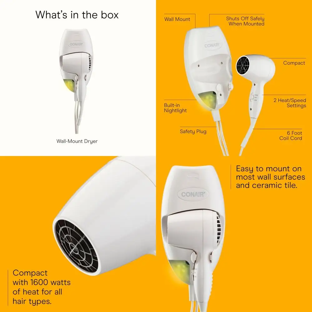 

Светодиодный ночник-фен настенный 1600 Вт с 2 режимами нагрева/скорости, белый