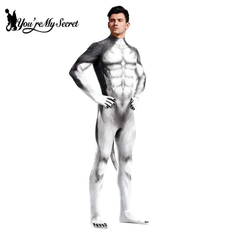 [คุณความลับของฉัน] ฮาโลวีน Furry คอสเพลย์เครื่องแต่งกาย Husky Dog ผู้ชายคอสเพลย์สัตว์หมาป่าพิมพ์ชุดบอดี้สูทสัตว์เลี้ยง Jumpsuit พร้อมหาง