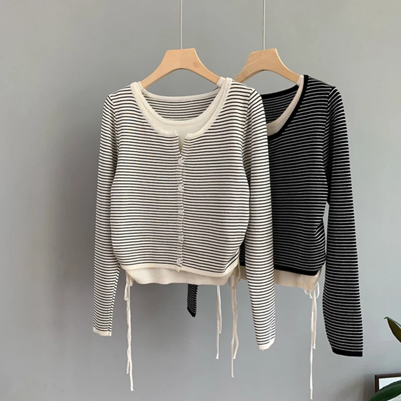 

Fake Two Piece Knit Sweater Women Spring Autumn Long Sleeve Round Neck Slim Fit Drawstring Lace-up Pullover Top Casual Knitwer