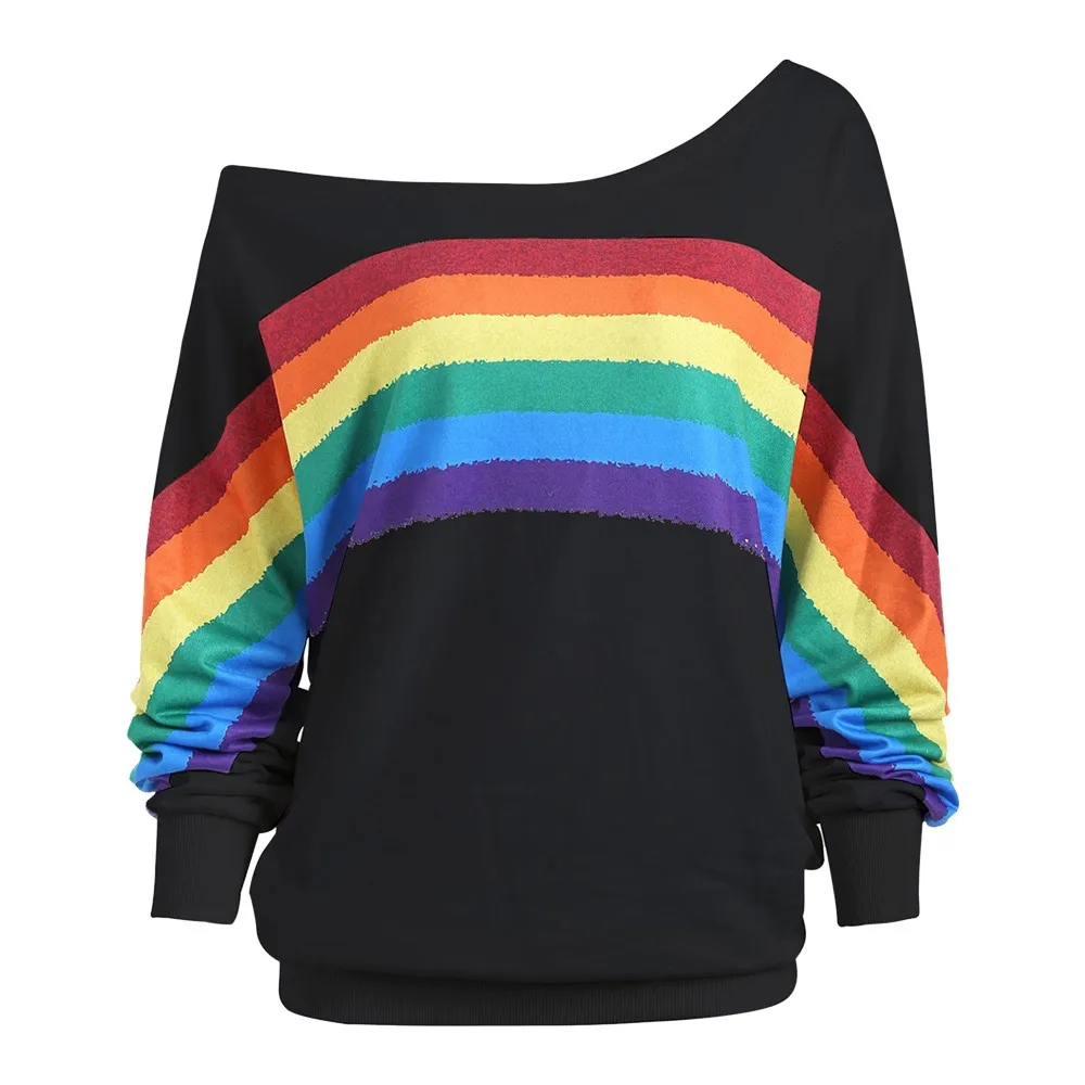 Pullovers Women Spring Loose One Shoulder Rainbow Striped Sweater Ulzzang Chic Hot Knitwear Jumper New Sweet Girl Streetwear