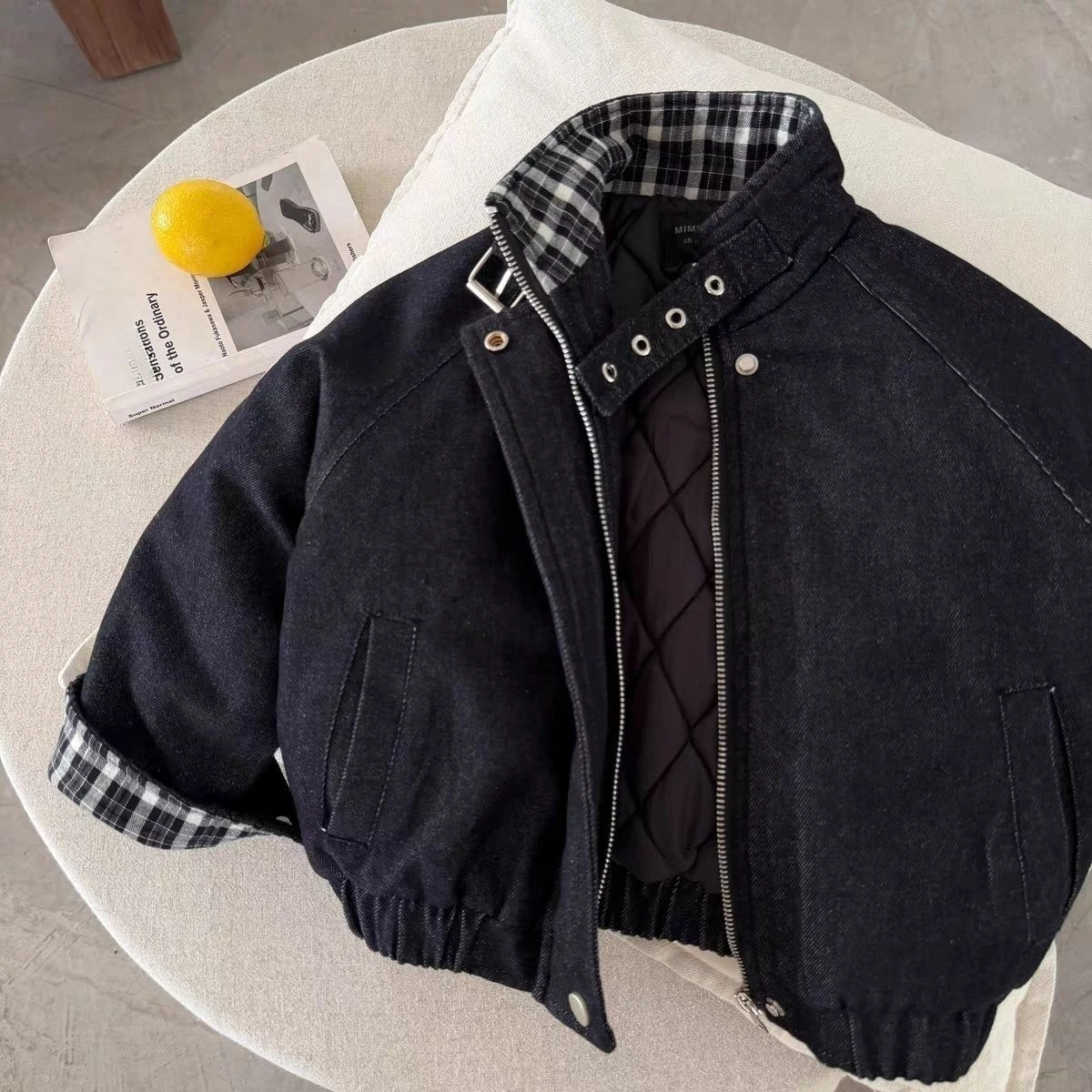 Boys Quilted Denim Jacket Stand Collar Motorcycle Style Autumn Winter Warm Outerwear