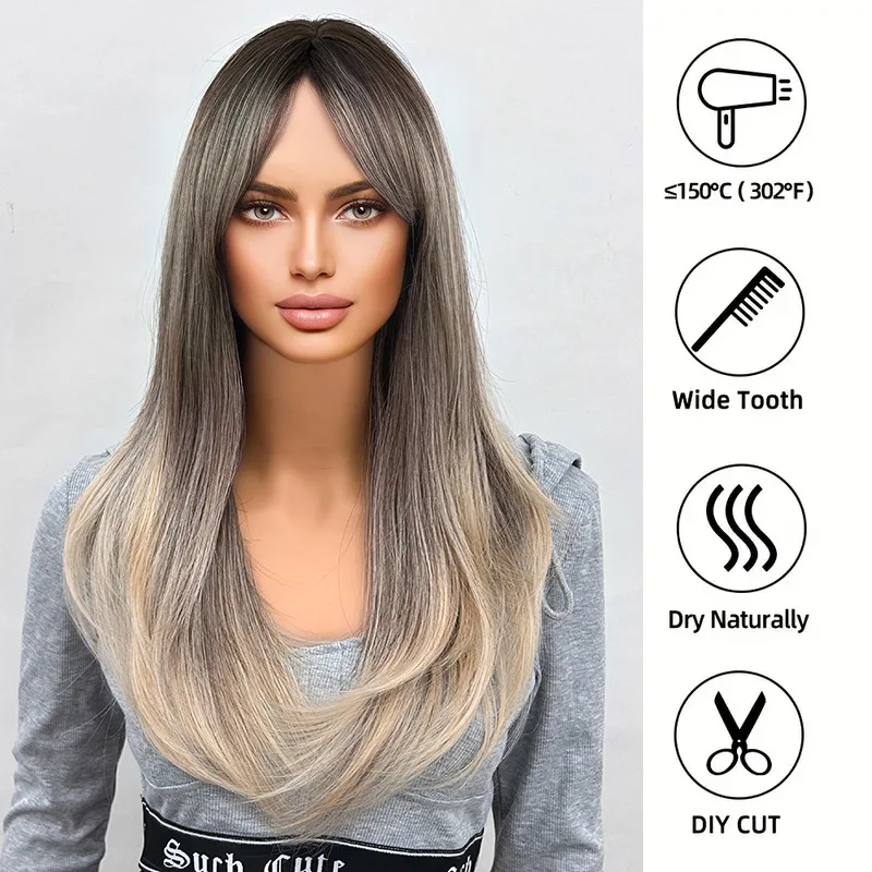 شعر مستعار طويل مستقيم متدرج ذهبي، مظهر طبيعي، شعر مقاوم للحرارة مناسب للحفلات والاستخدام اليومي