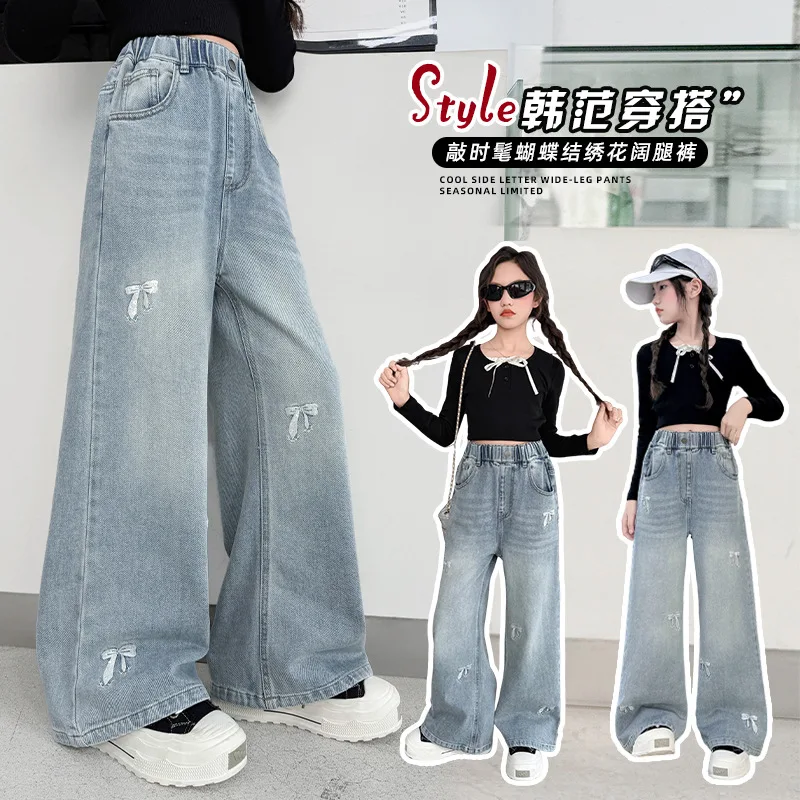 

Girls' Embroidered Bow Denim Jeans, Loose-Fit Denim Trousers for Teens Aged 7-14, 2025 Back-to-School Autumn Pants, Daily Wear