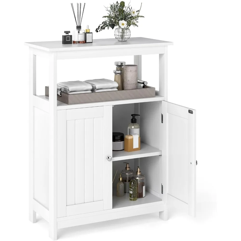 

Storage Cabinet, White Bathroom Cabinet with 2 Doors, Open Compartment, 3-Level Adjustable Shelf, Freestanding Storage O