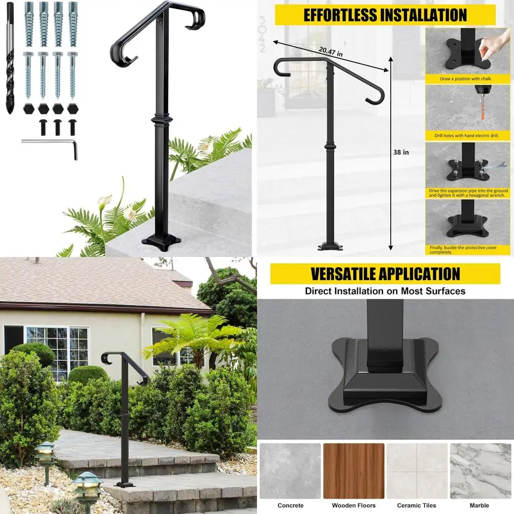 درابزين سلالم من الحديد المطاوع في الهواء الطلق للشرفة، يناسب خطوة 1-2، نمط انتقالي، مناسب لخطوات الخرسانة أو الخشبية #1