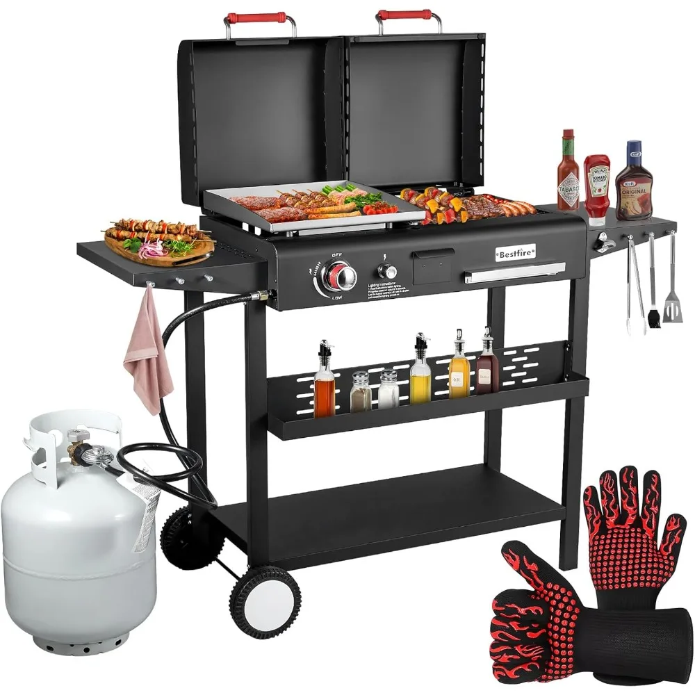 

Dual Fuel Propane Gas Charcoal Grill Combo Black Dual Lids, Flat Top Grill With 2 Side Shelves for BBQ, Outdoor and Backyard