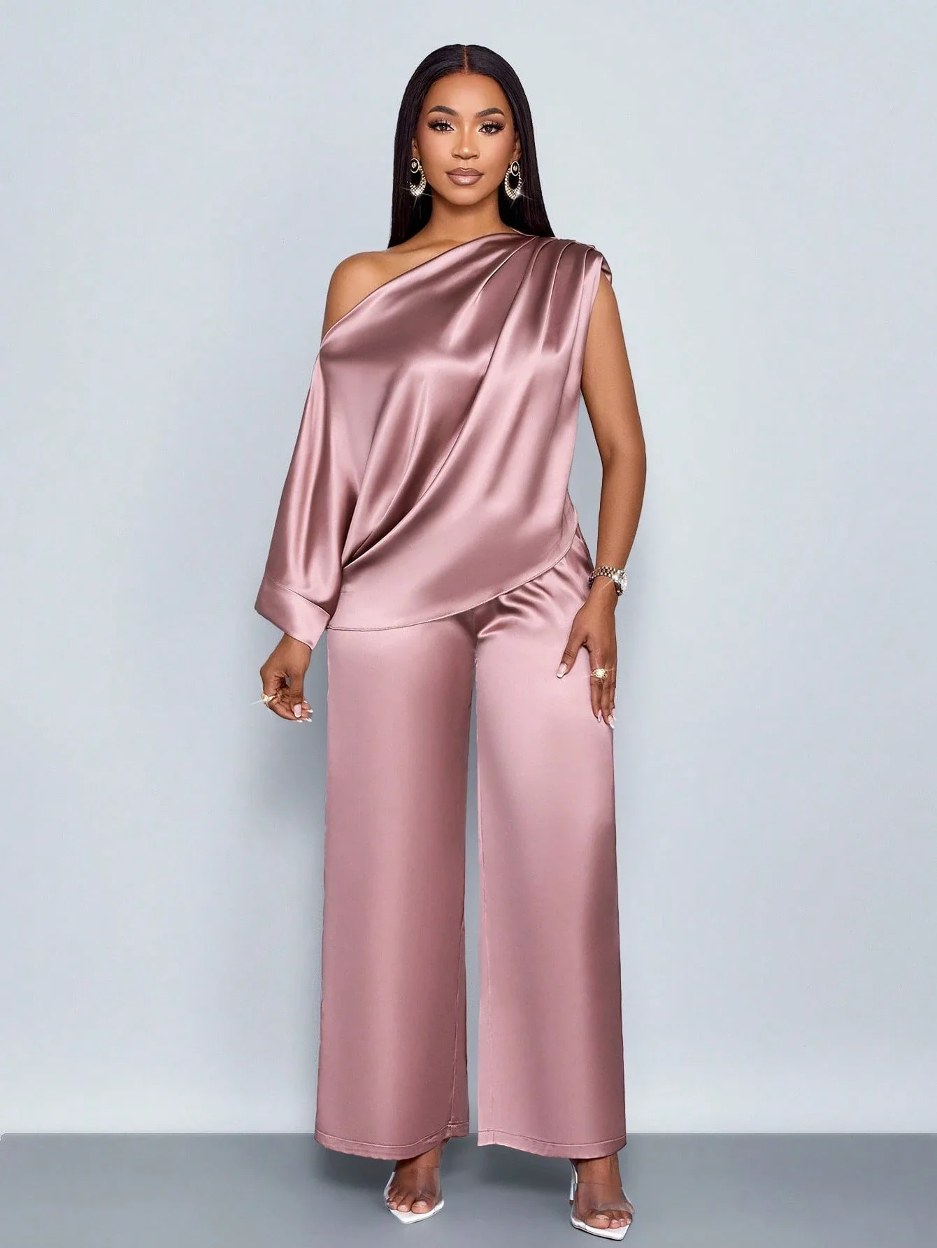 

Women's Satin Asymmetrical One Shoulder Blouse And Wide Leg Pants Set