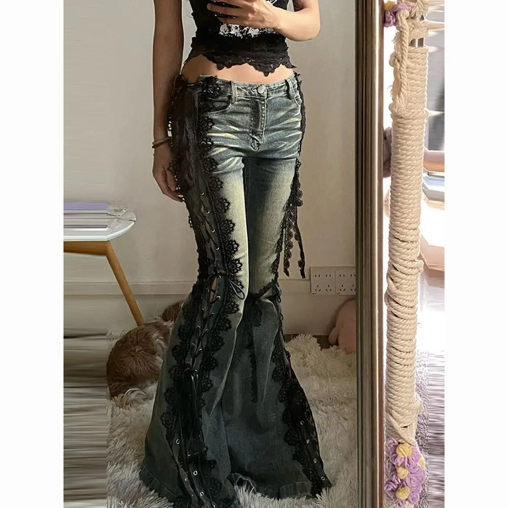 American-style Jeans High-street Black Ripped Lace Denim Flared Pants Summer Slim-fit Floor-length Casual Gloria Alternative