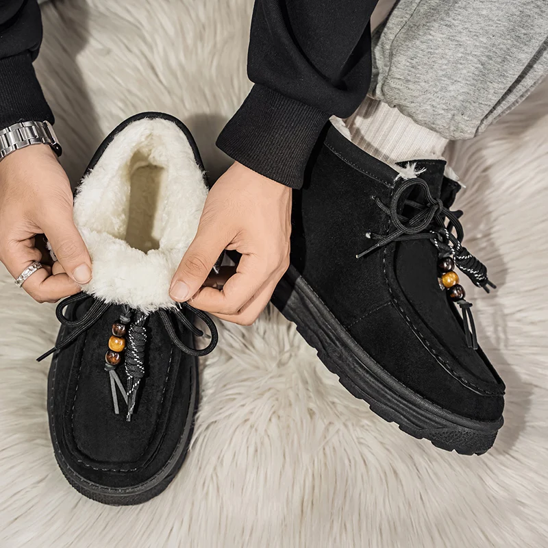 

2025 Winter men's outdoor snow boots with fleece warmth and beaded design, versatile cotton shoes