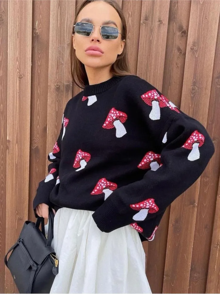 

Women's Mushroom Graphic Print Knitting Sweater 2026 New Winter Fashion O Neck Long Sleeve Loose Sweater Casual Street Pullovers