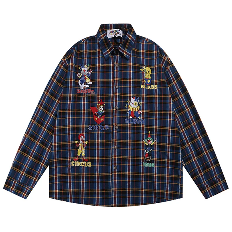 Fun Cartoon Clown Embroidery Loose Long Sleeve Shirt Mens Summer Streetwear Lapel Casual Plaid Shirt Men Clothing Tees Tops New