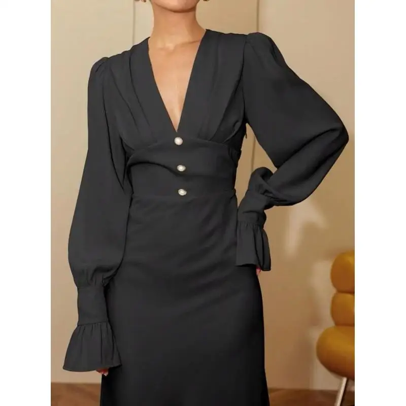 تنورة نسائية أنيقة بقصة A-line من الشيفون بياقة على شكل V وخصر متوسط وأكمام طويلة بتصميم عصري لفصلي الربيع والصيف #5