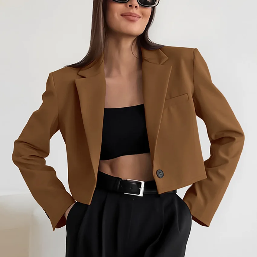 2024 New in Outerwear Women Small Blazer Spring Autumn Clothes Pockets Lapel Jacket Dark Brown Korean Clothe minority Short Tops