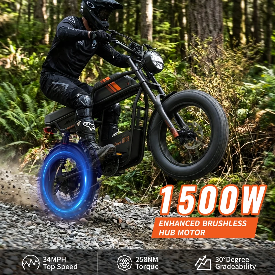 Ridingtimes GT33 Electric Bike for Adults, Max 34MPH & 50-80 Miles Ebike with 20" Fat Tires, 1500W Motor & 27AH Removable Battery, Dual Hydraulic Brakes, Full Suspension E Bike