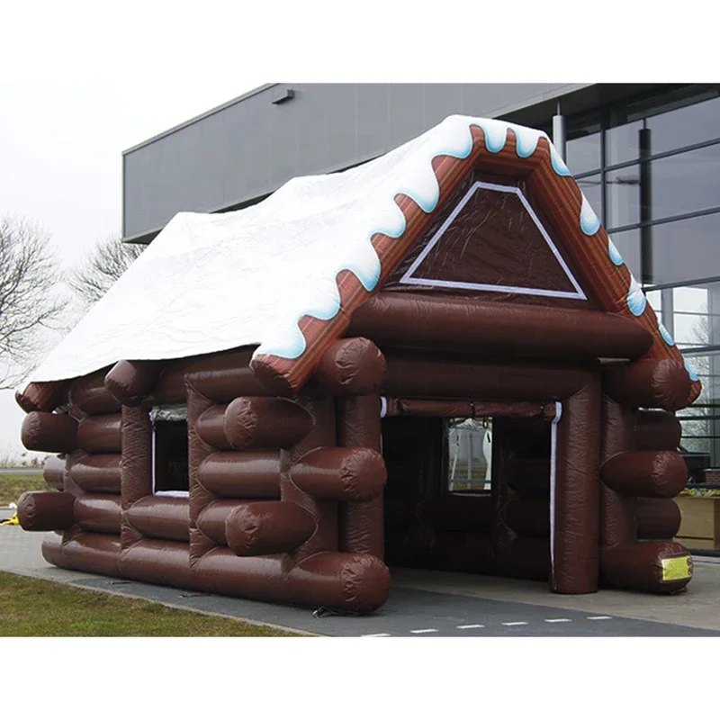 Tente gonflable marron avec toit blanc, cabane en rondins, maison d'hiver, pavillon de ski extérieur, pub irlandais, bar pour la publicité d'événements de fête