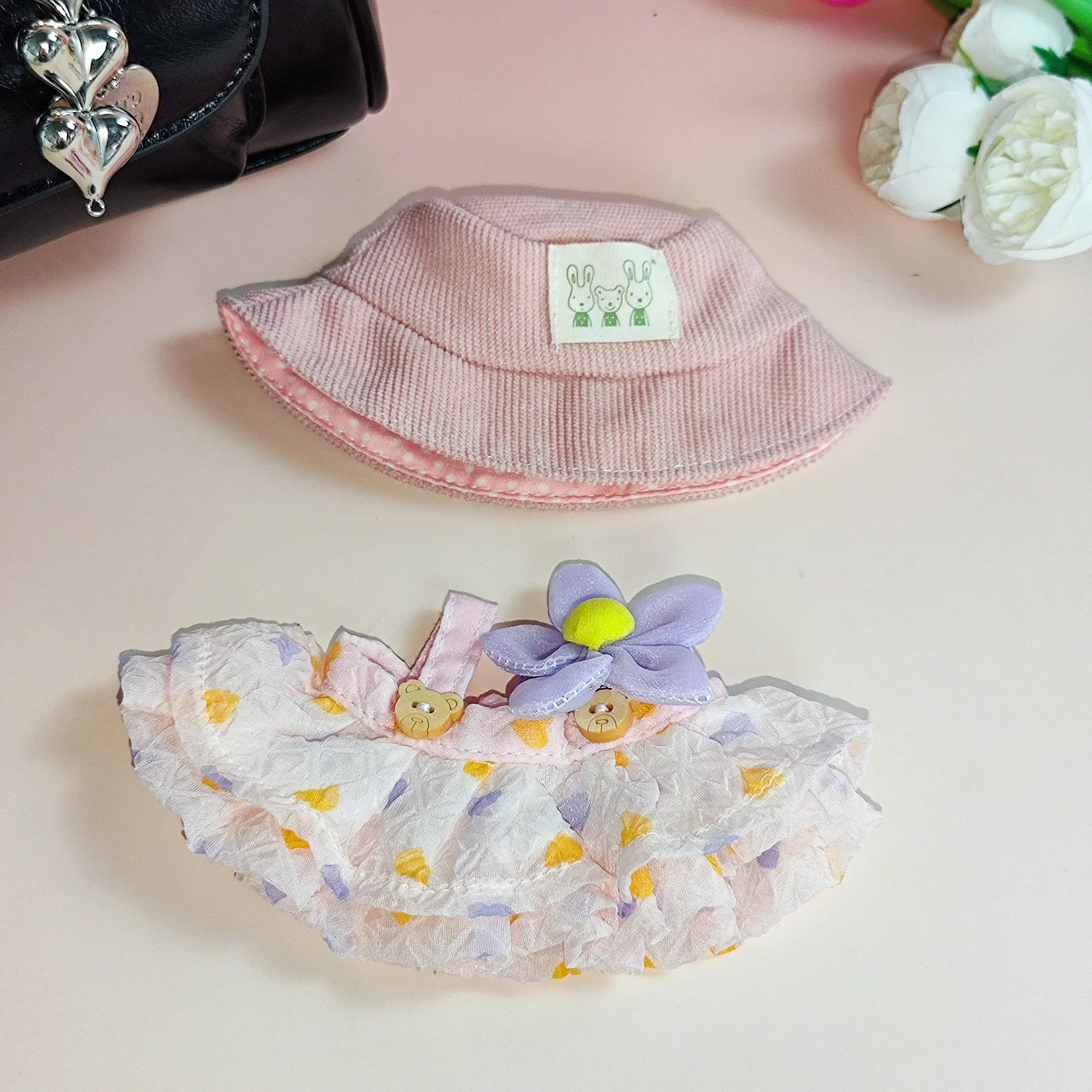 Untuk Pakaian Boneka Labubu 17Cm Rok Keriput Set Jepit Rambut Bunga Topi Nelayan Pakaian Labubu Ropa Labubu