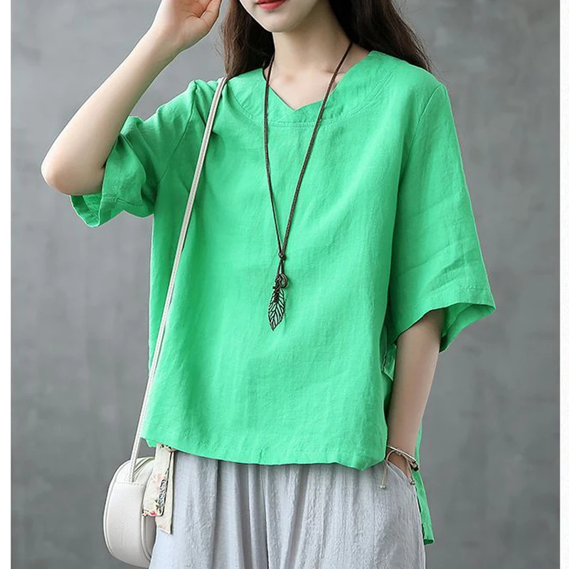 Women Clothing 2024Summer Vintage Simple Casual Loose Cotton Linen T-shirt Female Solid V Neck Short Sleeve Split Irregular Tops