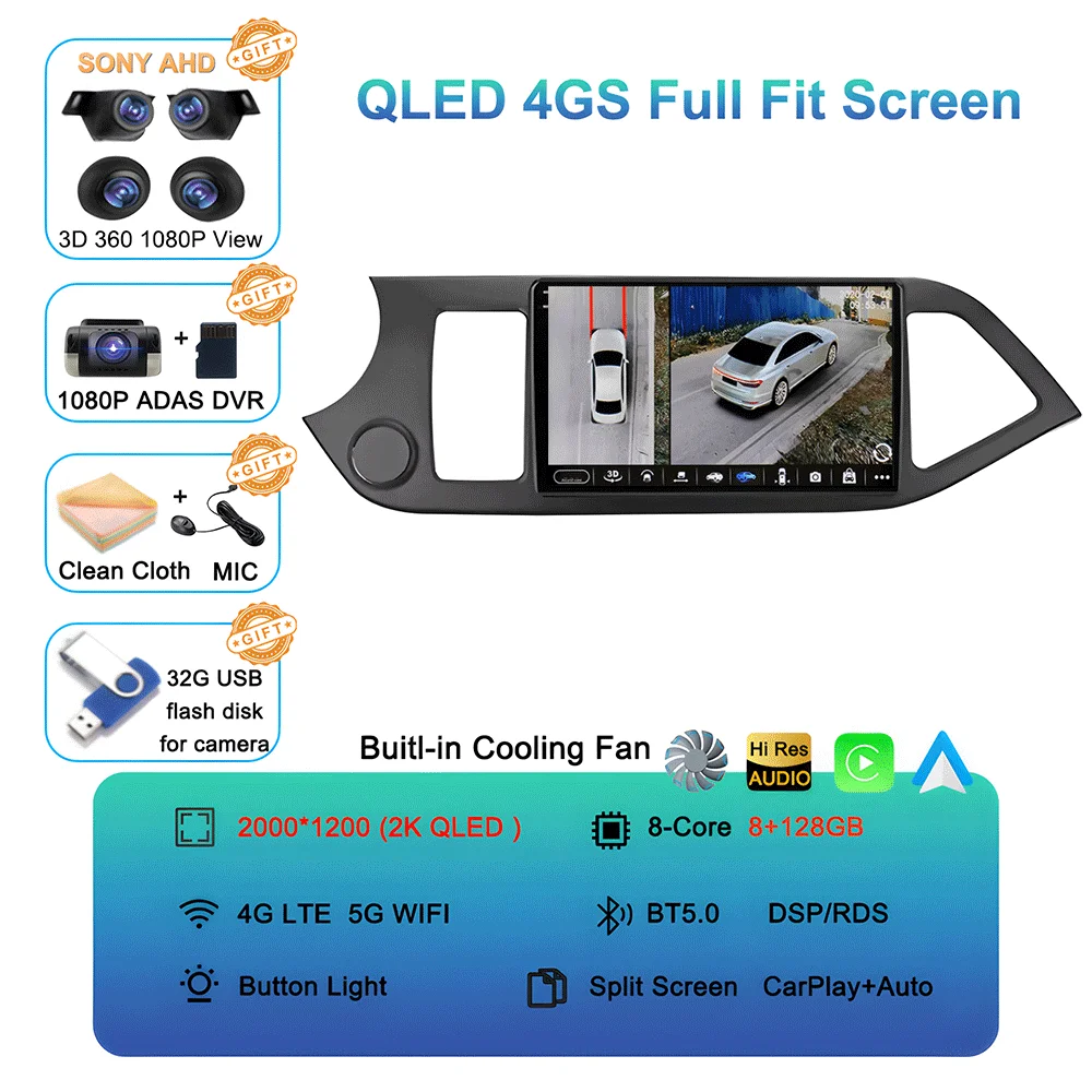 Android 16 Carplay Auto Voor KIA PICANTO Morning 2011 2012 2013 2014 2015 2016 Multimedia Auto Radio Navigatie Speler WIFI + 4G DSP