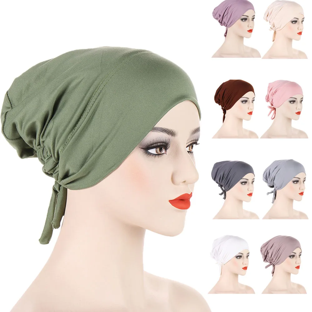 Turbante musulmán de Modal suave para Mujer, gorro Hijab interno, corbata en la espalda, bufanda interior islámica, gorro árabe, Turbante femenino ajustable