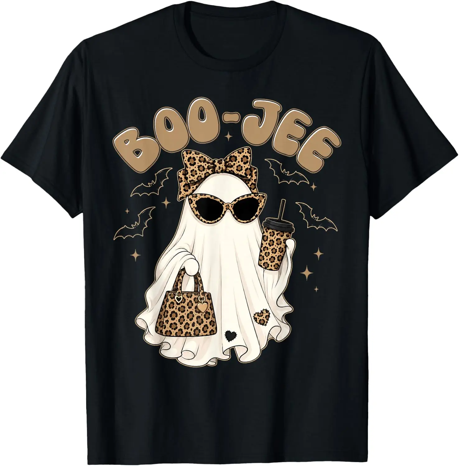 Leopard Ghost Coffee Halloween Costumes Boo JEE Women Girls T-Shirt Men Casual Graphic Print T‑Shirt Crew Neck Short Sleeve Vintage Street Style Soft Fabric Daily Wear Tops.Holiday Festive,Party Wear,Theme Print Tee.