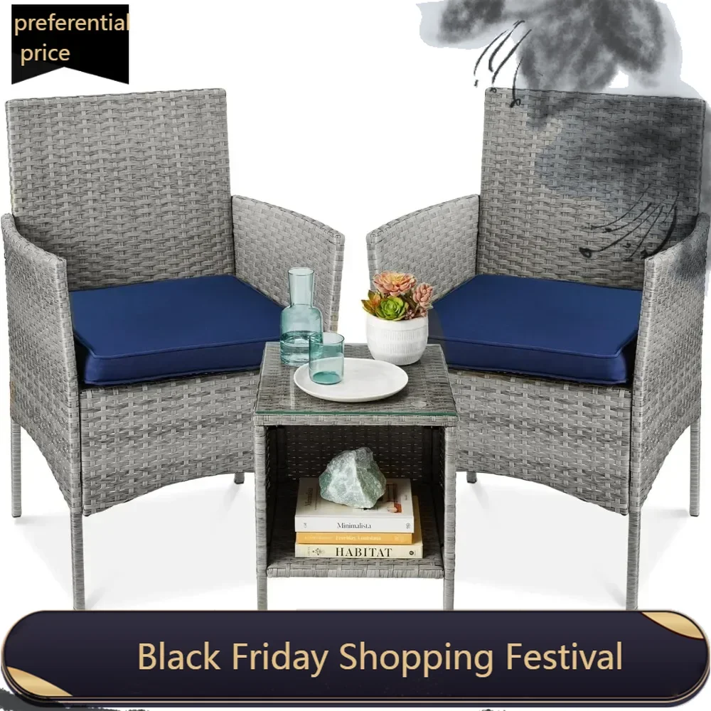 

3Piece Outdoor Wicker Conversation Bistro Set,Space Saving Patio Furniture for Garden w/Side Table Gray/Navy 23 x 21.75 x 32.25