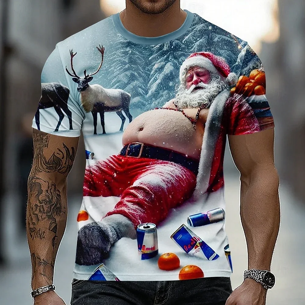 Funny Running Santa Claus Graphic T Shirt for Men 3D Print Christmas T‑Shirt Crew Neck Short Sleeve Christmas Holiday Tops
